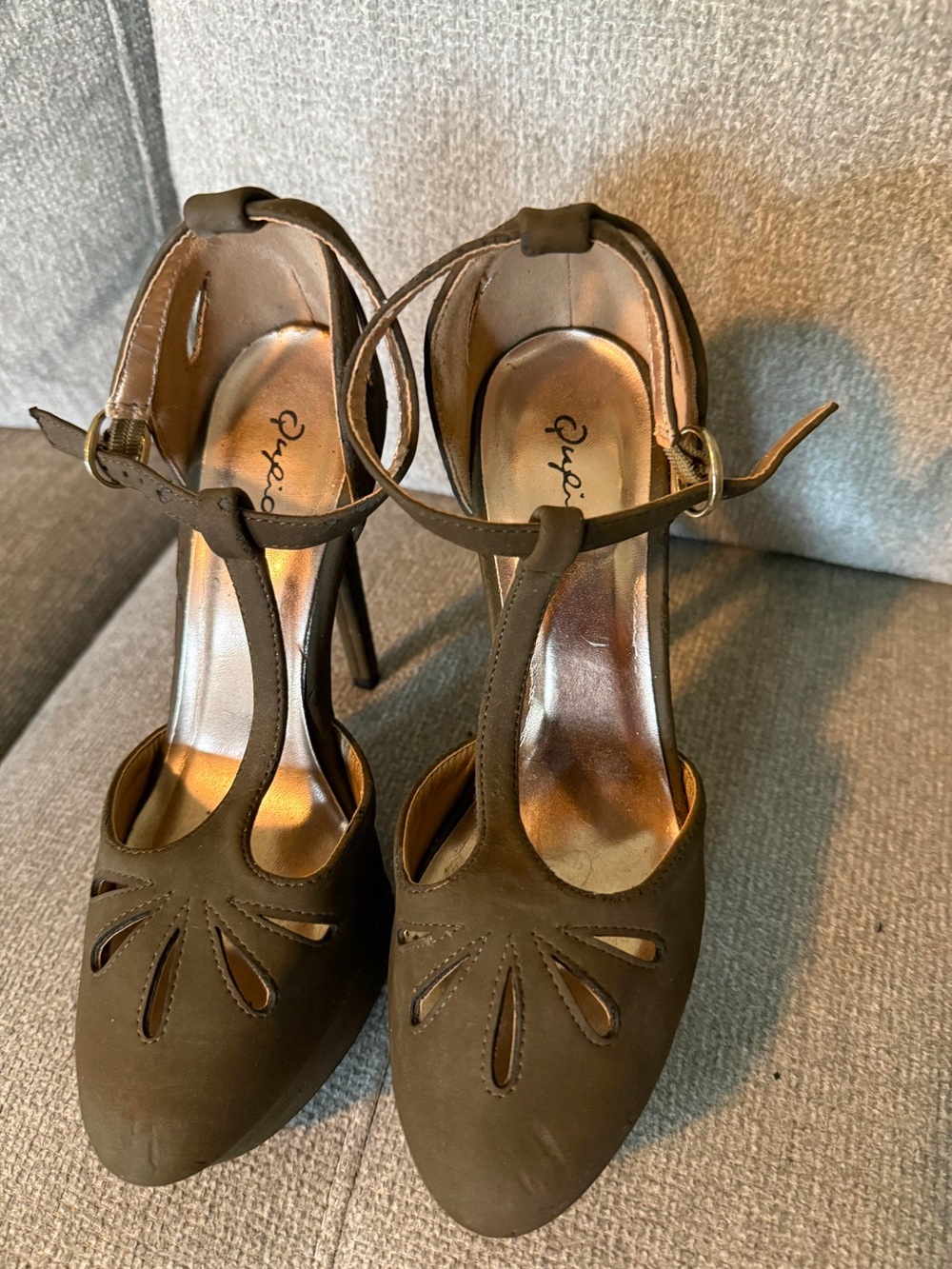 Qupid Olive Green T-Strap Pointed Toe Heels
